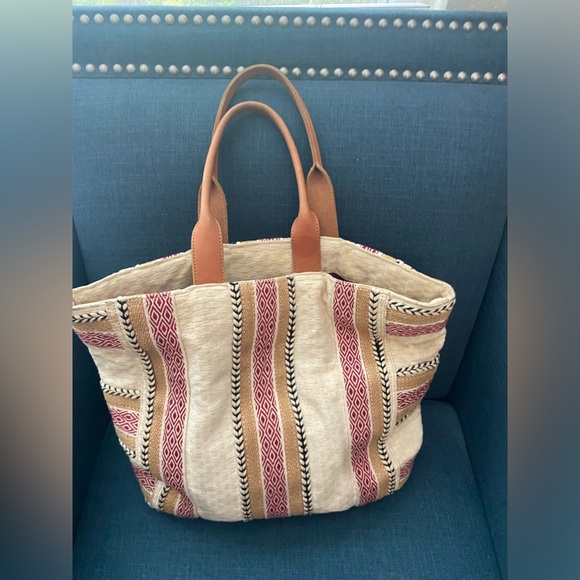 Lucky Brand Boho Cream & Red Print Canvas Leather Straps Lightweight Tote Bag - Picture 1 of 16